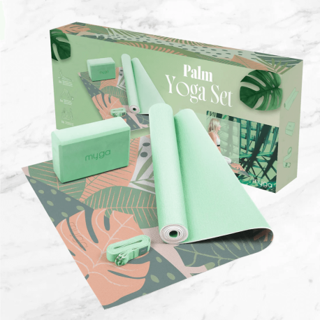 Zestaw do jogi myga Palm Yoga Set: mata, klocek, pasek